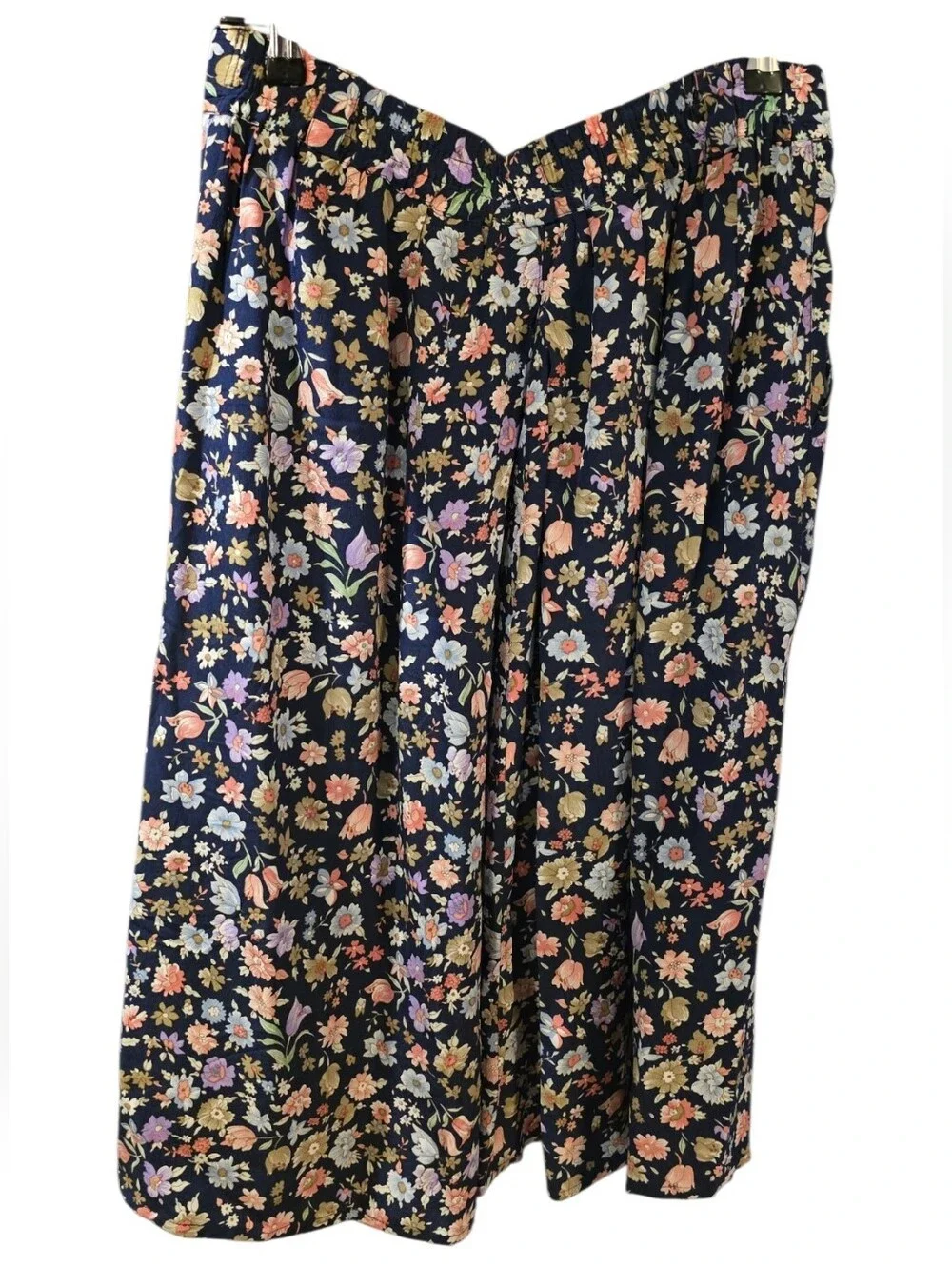 Vintage Lucky Italy Vintage Floral Button Front Pleated Silk Midi Skirt Navy L